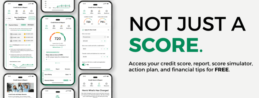 Multiple cell phone screens displaying different aspects of the United Fidelity Bank Credit Score tool.