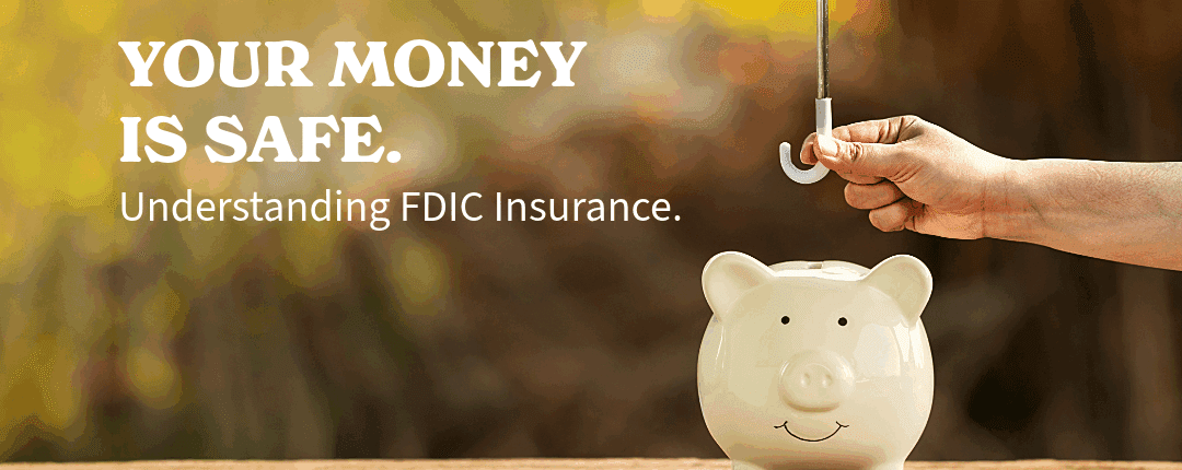 White piggy bank under an umbrella showcasing that your money is safe with United Fidelity Bank and protected by the FDIC