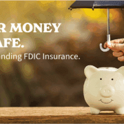 White piggy bank under an umbrella showcasing that your money is safe with United Fidelity Bank and protected by the FDIC