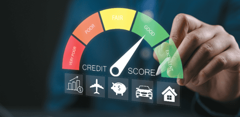 Digital credit score meter reaching the "Excellent" mark, symbolizing financial confidence and goal achievement.